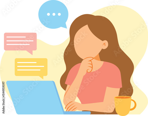 Woman laptop coffee thinking workspace communication chat bubble casual home digital illustration remote freelance online creative modern
