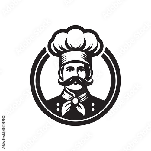 Vintage chef logo, featuring a man in a chef's uniform and hat.