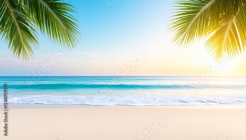 Minimalist summer seascape     peaceful beach at sunrise with gentle waves  soft pastel tones  wide sky  no people  palm leaves in the foreground. Calm and elegant background image for website or banner