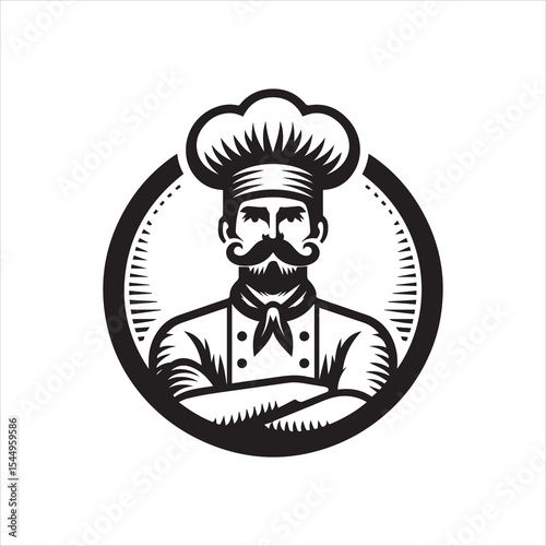 A stern chef, arms crossed, in a classic toque, encircled by a vintage-style frame.