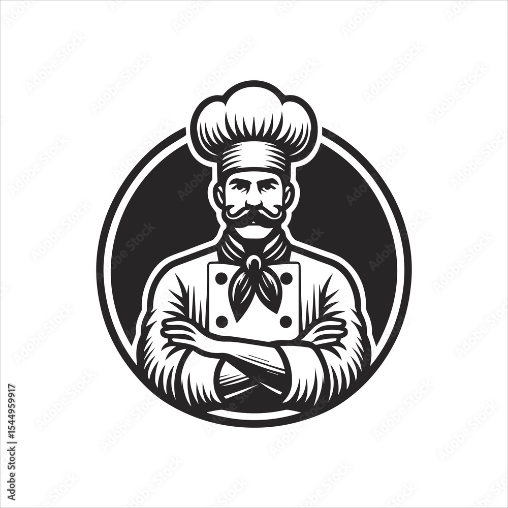 A confident chef, arms crossed, in a toque, depicted in a vintage-style monochrome emblem.