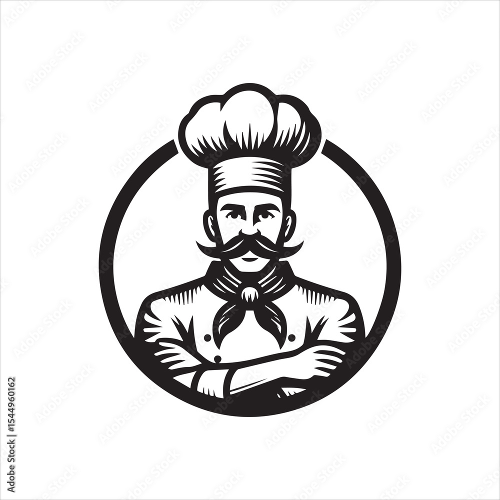 Illustration of a chef with a mustache and toque, arms crossed, inside a circle frame. Illustration of a chef with a mustache and toque, arms crossed, inside a circle frame.