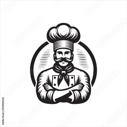 A confident chef, arms crossed, wearing a tall toque and neckerchief, in a vintage-style illustration.
