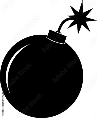 Simple black and white cartoon bomb symbol with burning fuse in flat minimalist design for various concepts