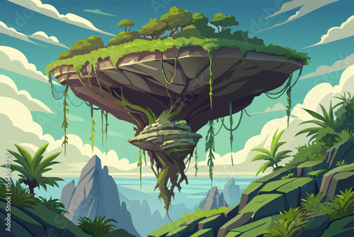 Massive levitating rock formation with jungle vegetation and twisted roots dangling in space