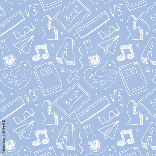 Education doodle seamless pattern. Science line hand drawn elements - mathematics formula, chemistry molecule, dna, graph, scientific experiment vector repeated background
