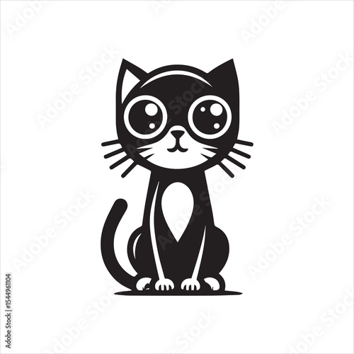 Cute black cartoon cat, sitting, large eyes, simple design.