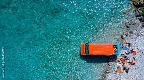 Orange camper van parked by turquoise water people relaxing on rocky shore