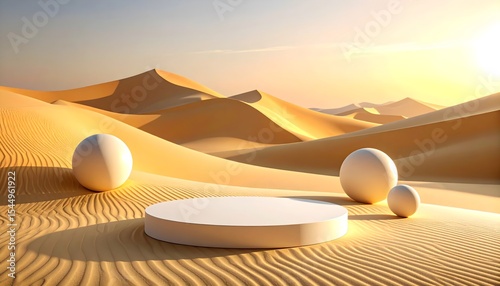 Fototapeta Naklejka Na Ścianę i Meble -  Abstract Sand Dunes + Sphere Conceptual Desert for product placement and advertisement