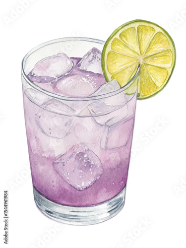 Purple cocktail with ice and lime wedge in rocks glass, watercolor illustration