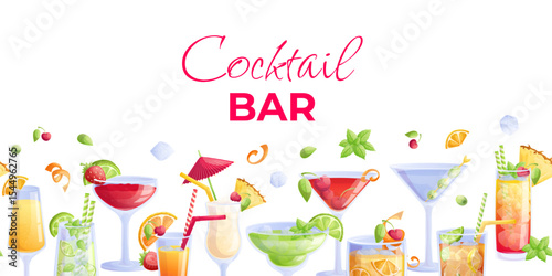 A set of cocktails in glasses on a white background. Pina colada, Manhattan, mojito, mai tai, long island, bloody Mary, cosmopolitan, margarita, momosa. Isolated vector illustration