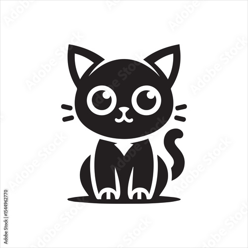 Cute black silhouette of a cartoon cat sitting, simple design.