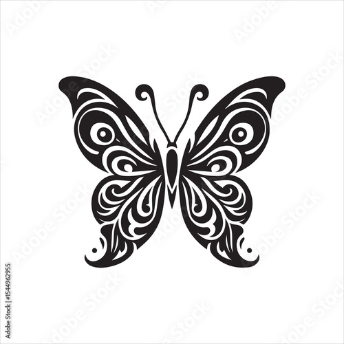A stylized black and white butterfly with intricate, swirling patterns, isolated.