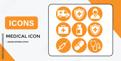 Medical Icon Set Ambulance Shield Doctor First Aid Medicine Syringe Pill