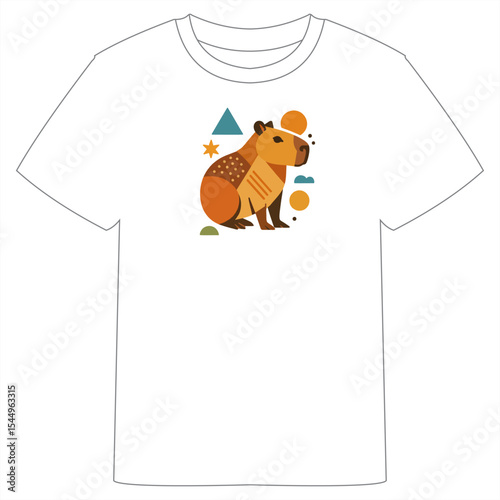 A white T-shirt featuring a stylized orange capybara design with geometric shapes like circles, triangles, and rectangles in vibrant colors.
