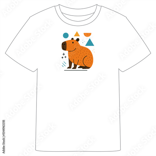 A white T-shirt featuring a stylized orange capybara design with geometric shapes like circles, triangles, and rectangles in vibrant colors.
