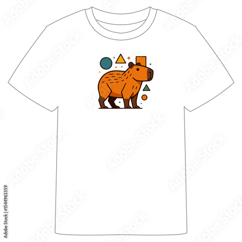 A white T-shirt featuring a stylized orange capybara design with geometric shapes like circles, triangles, and rectangles in vibrant colors.