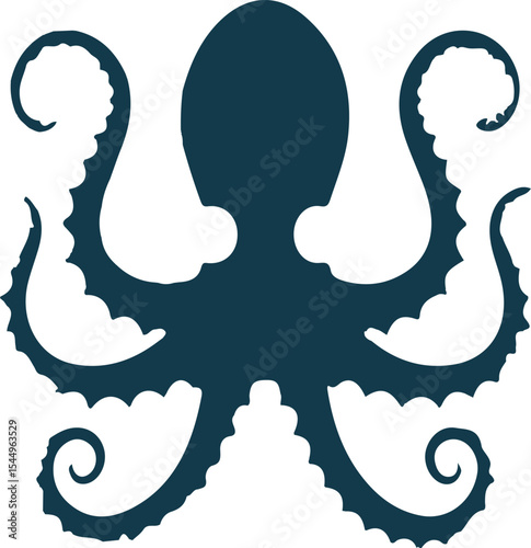 Silhouette of an octopus with tentacles in dark blue color for marine and ocean designs
