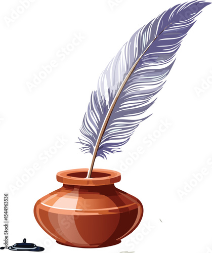 A quill pen resting in a ceramic inkwell, with a few drops of black ink spilled on a crumpled piece of paper beside it. The feather has delicate barbs and a subtle iridescent sheet