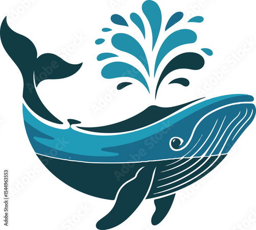Playful blue whale illustration spouting water and swimming gracefully in the ocean