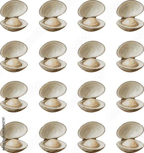 Artistic seamless pattern of open clams showing the delicate interior and texture