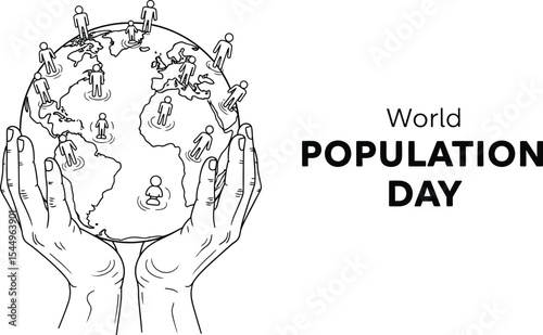 Hands holding globe with people for world population day illustration