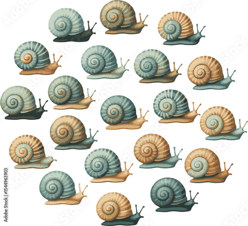 Decorative pattern of various colorful snails in a unique artistic arrangement
