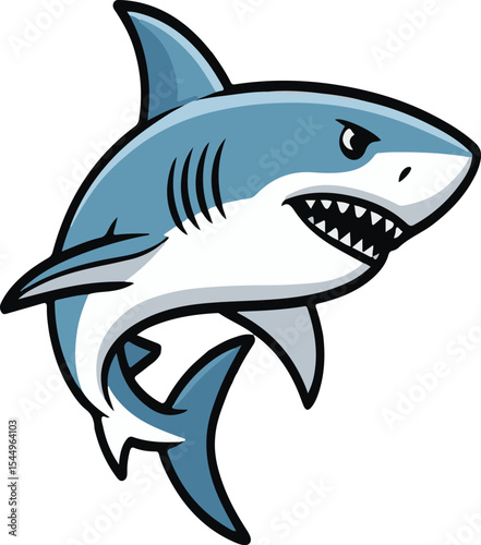 Vector illustration of a fierce cartoon shark isolated on a white background for design.