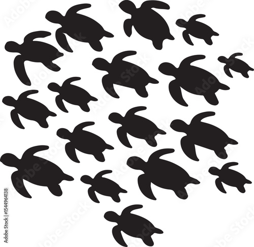 A repeating pattern of silhouetted sea turtles in black on a pure white background
