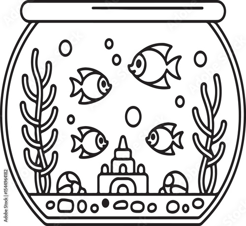 Cute cartoon fish in a fishbowl with aquatic plants and castle illustration