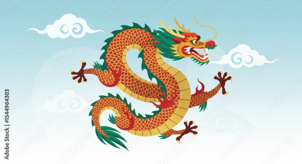 Fototapeta premium The dragon has a golden and black color scheme, surrounded by flames and clouds.