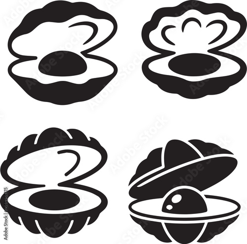 Simple black and white oyster shells illustrations featuring pearls in various open and closed forms