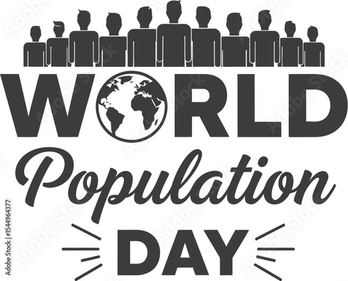 World population day graphic with people and globe in black and white
