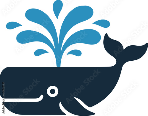 Vector illustration of a blue and navy whale spouting water against a white background