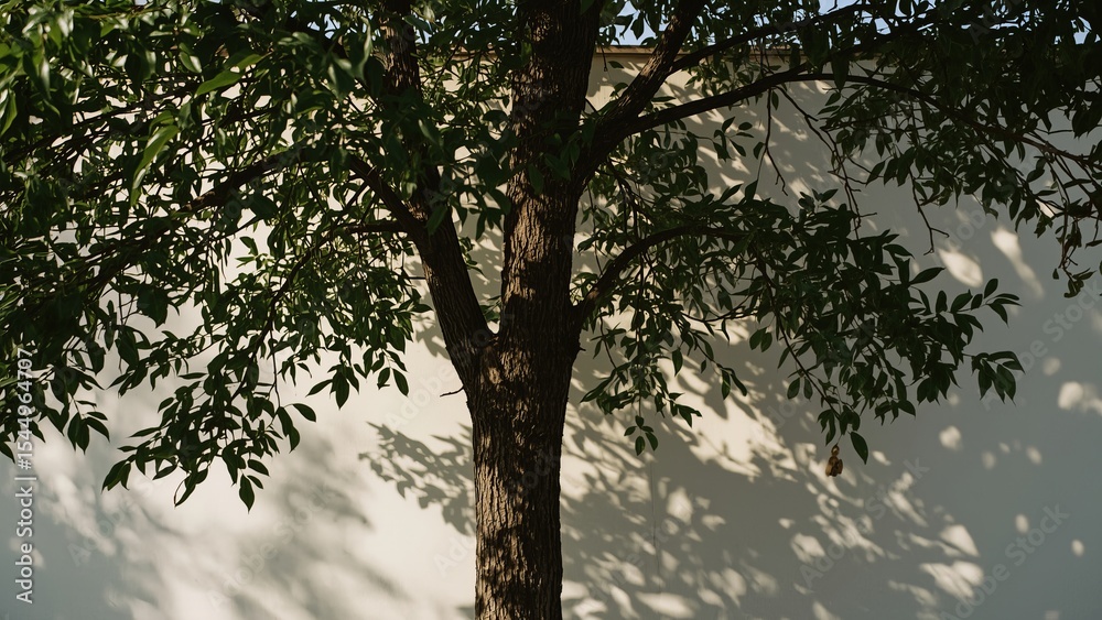 Fototapeta premium A vibrant tree casts intricate shadows against a white wall, showcasing nature's beauty and tranquility.