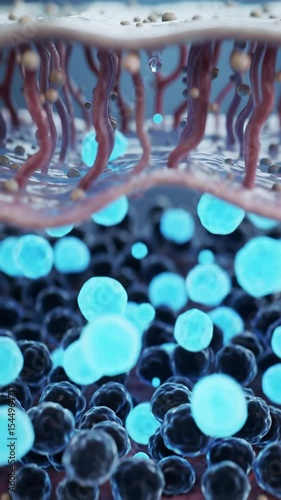 An extreme close-up macro video of hyper-realistic animated biological tissue layers with a clear liquid droplet hydrating spherical cells, turning them vibrant cerulean blue. Scientific medical