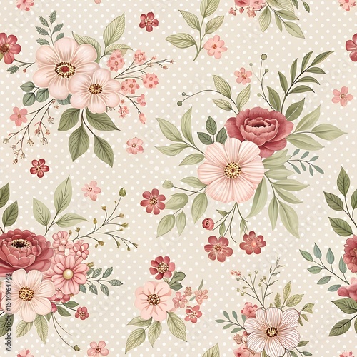Vintage floral pattern in dusty rose, ivory and sage tones, small repeating motifs — cozy cottage kitchen vibe
