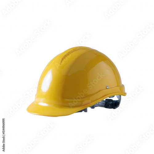 A bright yellow construction helmet, isolated on a white background, symbolizing safety and protection in the workplace.