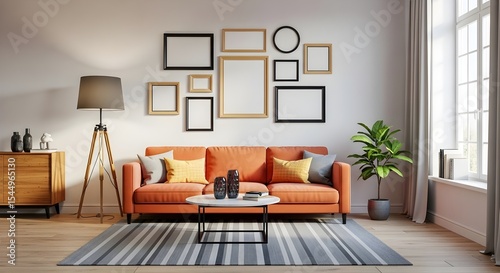 Modern Living Room with Orange Sofa and Empty Picture Frames Gallery Wall Generative AI