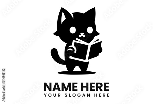 Black cartoon cat reading a book, standing upright.