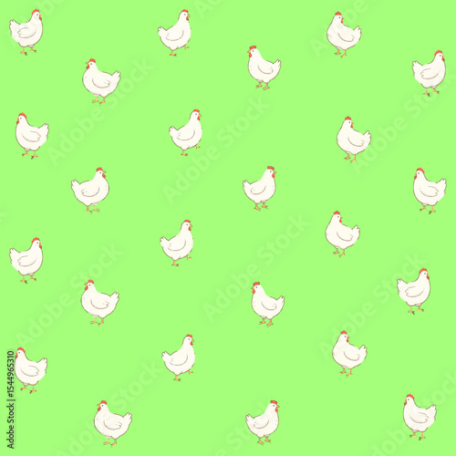 Cute Seamless Pattern with White Chickens Hand-Drawn Farm Animal Design on Green Background