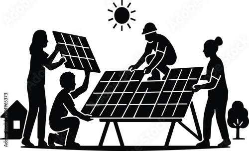 Group of Silhouetted People Installing Solar Panels on a Roof, Symbolizing Renewable Energy, Sustainable Living, Green Technology, and Environmental Protection, Vector Icon.