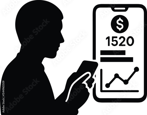  Silhouette of a Man Using a Mobile Phone with a Financial Graph and Money on Screen, Symbolizing Online Banking, Investment, Digital Finance, and Mobile Payment, Vector Icon.