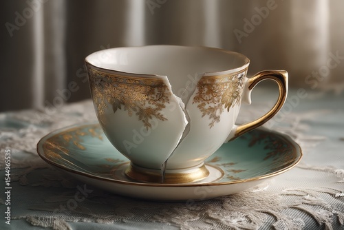 Elegant broken teacup on lace tablecloth captures nostalgia and fragility in soft morning light