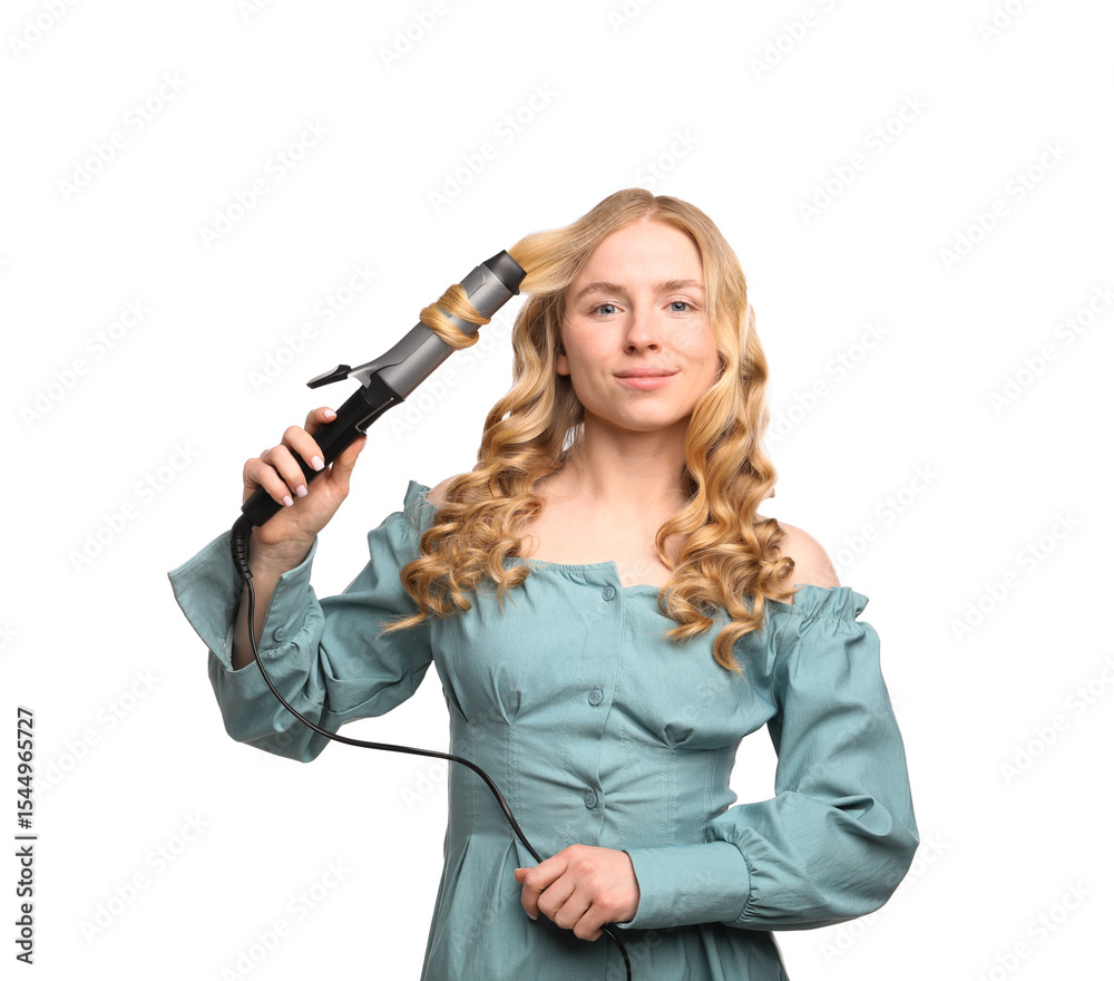 Woman curling her hair on white background Woman curling her hair on white background