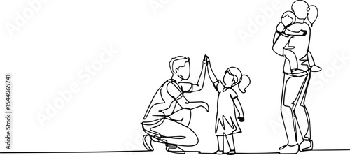 Father Giving a High Five to His Daughter while Mother Holds a Baby, Symbolizing Family Bonding, Parental Love, Childhood Joy, and Happy Family Moments, One Line Art