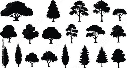 Tree silhouette collection, botanical shape illustration, diverse foliage vector, nature landscape element, black forest graphic, seasonal plant design, natural environment decor, outdoor art