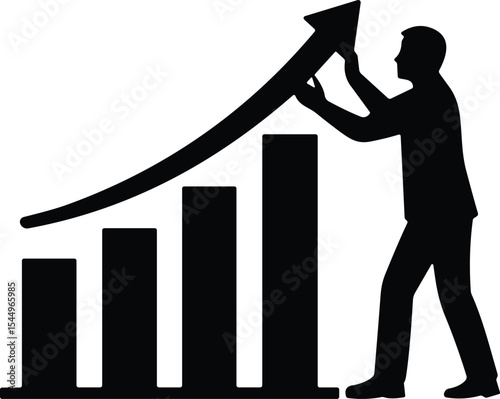 Businessman Pushing an Upward Arrow on a Bar Graph, Symbolizing Business Growth, Financial Progress, Success, Marketing Strategy, and Achieving Economic Objectives, Vector Icon