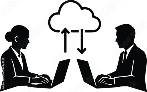  Two Business People Silhouettes Working on Laptops with a Cloud Icon, Representing Cloud Computing, Data Transfer, Online Collaboration, and Digital Business Solutions, Vector Graphic