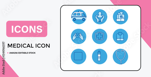 Collection of Medical Icons in Blue Circles on a White Background